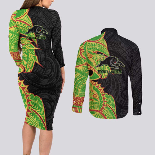 Penrith Panthers Couples Matching Long Sleeve Bodycon Dress and Long Sleeve Button Shirt Polynesian Tribal Tattoo Pacific Sport Art