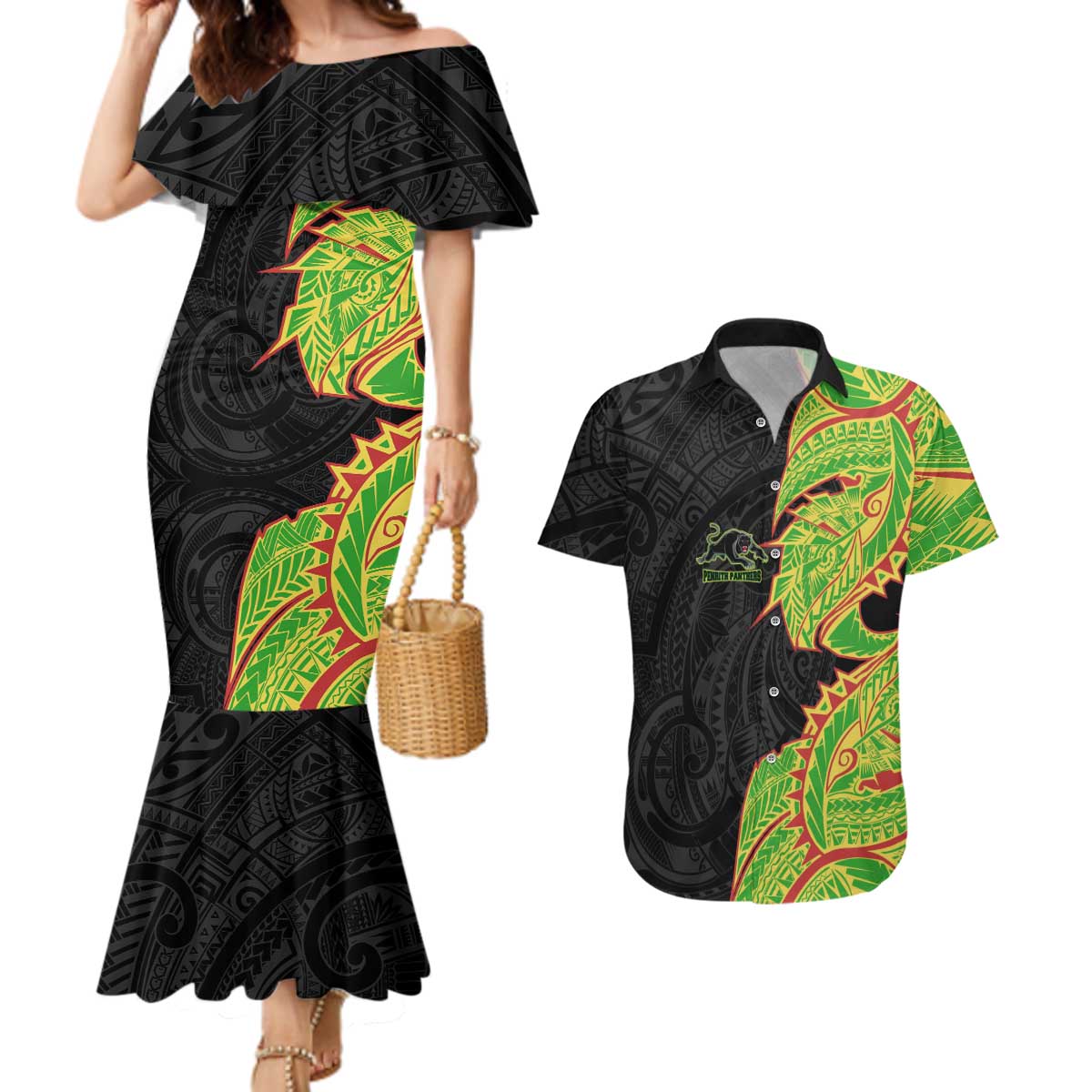 Penrith Panthers Couples Matching Mermaid Dress and Hawaiian Shirt Polynesian Tribal Tattoo Pacific Sport Art