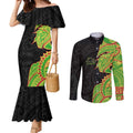 Penrith Panthers Couples Matching Mermaid Dress and Long Sleeve Button Shirt Polynesian Tribal Tattoo Pacific Sport Art