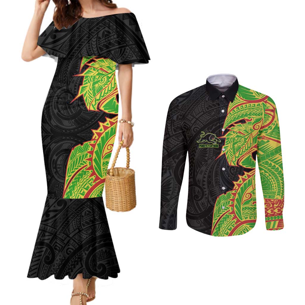 Penrith Panthers Couples Matching Mermaid Dress and Long Sleeve Button Shirt Polynesian Tribal Tattoo Pacific Sport Art