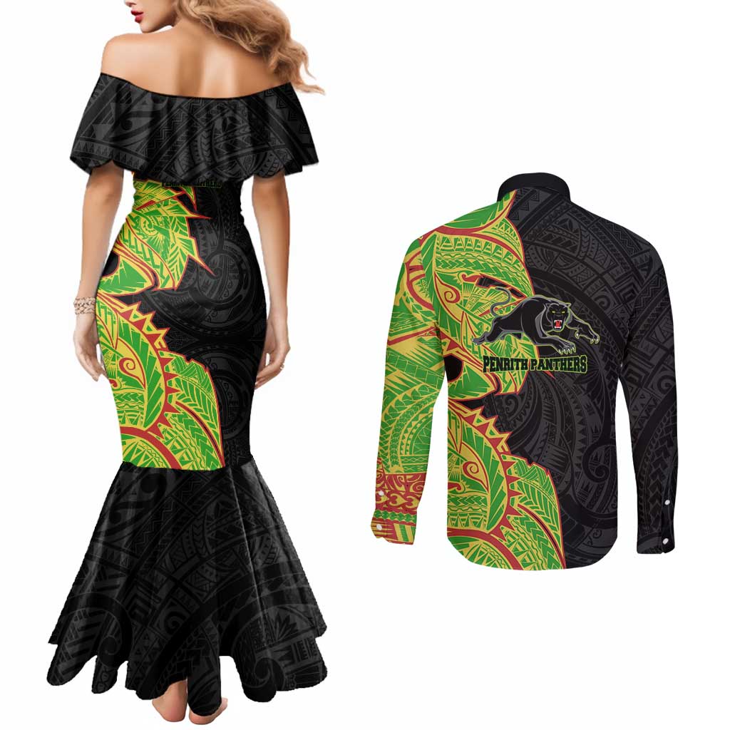 Penrith Panthers Couples Matching Mermaid Dress and Long Sleeve Button Shirt Polynesian Tribal Tattoo Pacific Sport Art