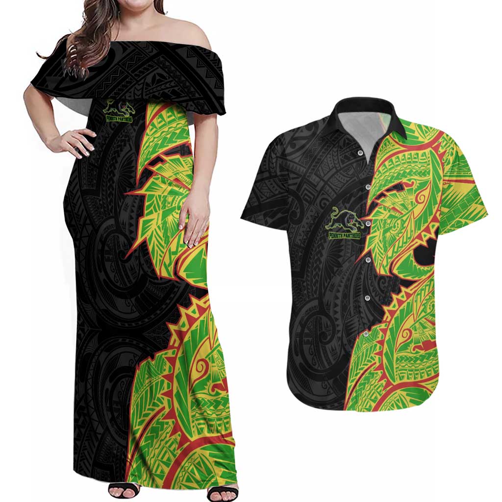 Penrith Panthers Couples Matching Off Shoulder Maxi Dress and Hawaiian Shirt Polynesian Tribal Tattoo Pacific Sport Art