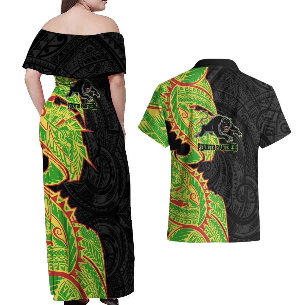 Penrith Panthers Couples Matching Off Shoulder Maxi Dress and Hawaiian Shirt Polynesian Tribal Tattoo Pacific Sport Art