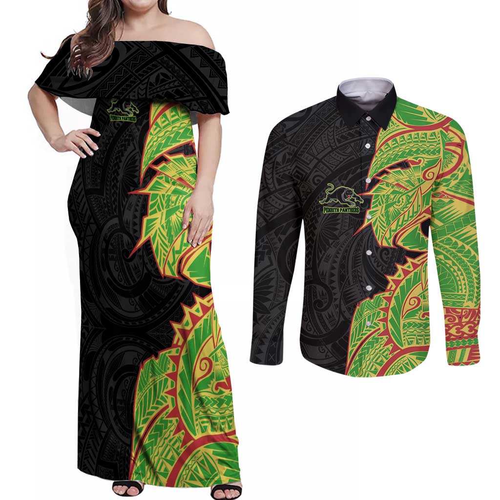 Penrith Panthers Couples Matching Off Shoulder Maxi Dress and Long Sleeve Button Shirt Polynesian Tribal Tattoo Pacific Sport Art