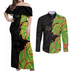 Penrith Panthers Couples Matching Off Shoulder Maxi Dress and Long Sleeve Button Shirt Polynesian Tribal Tattoo Pacific Sport Art