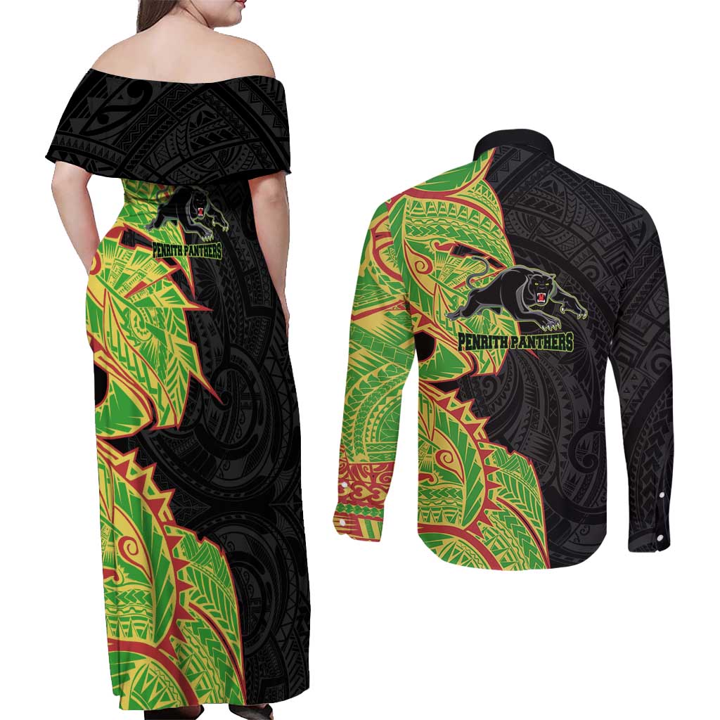 Penrith Panthers Couples Matching Off Shoulder Maxi Dress and Long Sleeve Button Shirt Polynesian Tribal Tattoo Pacific Sport Art
