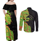 Penrith Panthers Couples Matching Off Shoulder Maxi Dress and Long Sleeve Button Shirt Polynesian Tribal Tattoo Pacific Sport Art