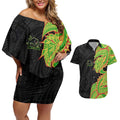 Penrith Panthers Couples Matching Off Shoulder Short Dress and Hawaiian Shirt Polynesian Tribal Tattoo Pacific Sport Art