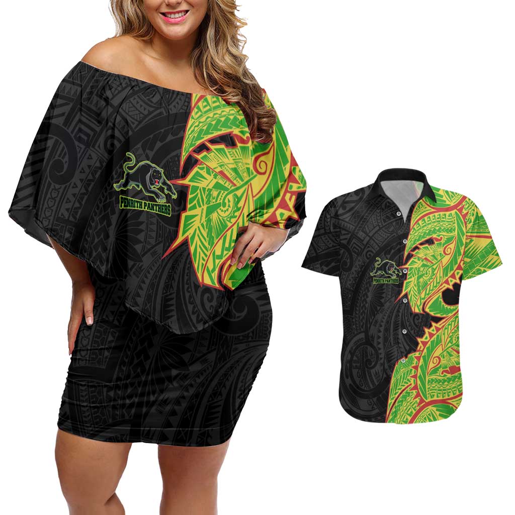 Penrith Panthers Couples Matching Off Shoulder Short Dress and Hawaiian Shirt Polynesian Tribal Tattoo Pacific Sport Art