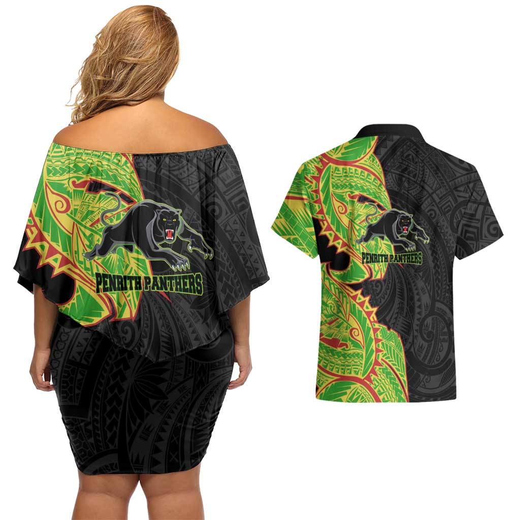 Penrith Panthers Couples Matching Off Shoulder Short Dress and Hawaiian Shirt Polynesian Tribal Tattoo Pacific Sport Art
