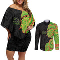 Penrith Panthers Couples Matching Off Shoulder Short Dress and Long Sleeve Button Shirt Polynesian Tribal Tattoo Pacific Sport Art