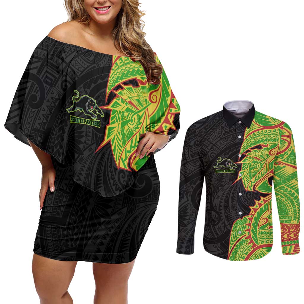 Penrith Panthers Couples Matching Off Shoulder Short Dress and Long Sleeve Button Shirt Polynesian Tribal Tattoo Pacific Sport Art