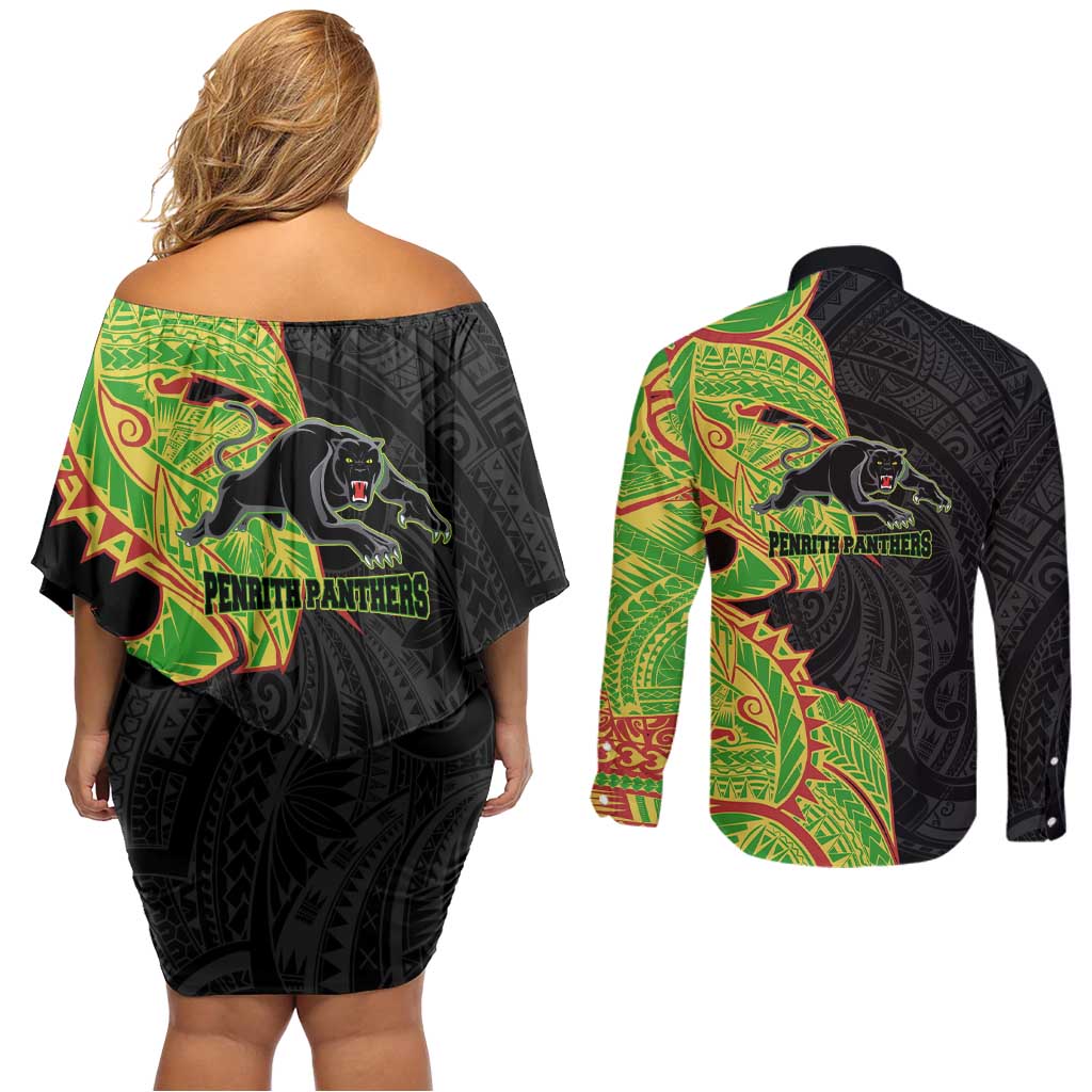 Penrith Panthers Couples Matching Off Shoulder Short Dress and Long Sleeve Button Shirt Polynesian Tribal Tattoo Pacific Sport Art