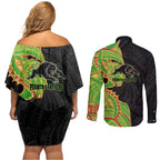 Penrith Panthers Couples Matching Off Shoulder Short Dress and Long Sleeve Button Shirt Polynesian Tribal Tattoo Pacific Sport Art
