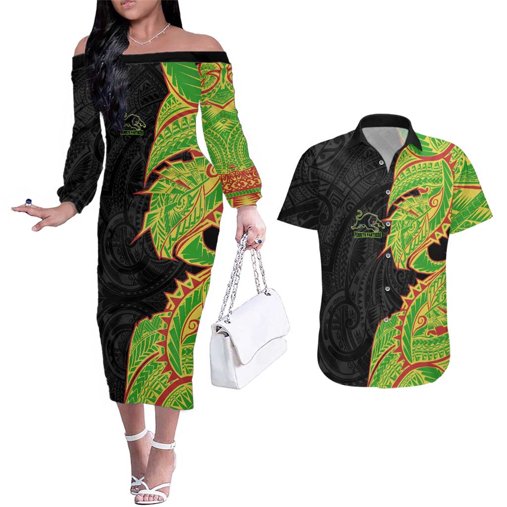 Penrith Panthers Couples Matching Off The Shoulder Long Sleeve Dress and Hawaiian Shirt Polynesian Tribal Tattoo Pacific Sport Art