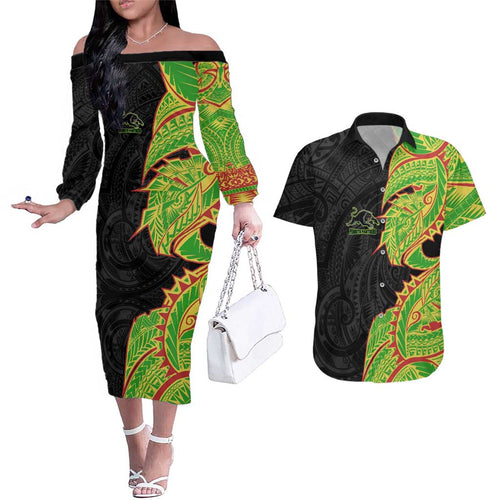 Penrith Panthers Couples Matching Off The Shoulder Long Sleeve Dress and Hawaiian Shirt Polynesian Tribal Tattoo Pacific Sport Art