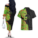 Penrith Panthers Couples Matching Off The Shoulder Long Sleeve Dress and Hawaiian Shirt Polynesian Tribal Tattoo Pacific Sport Art