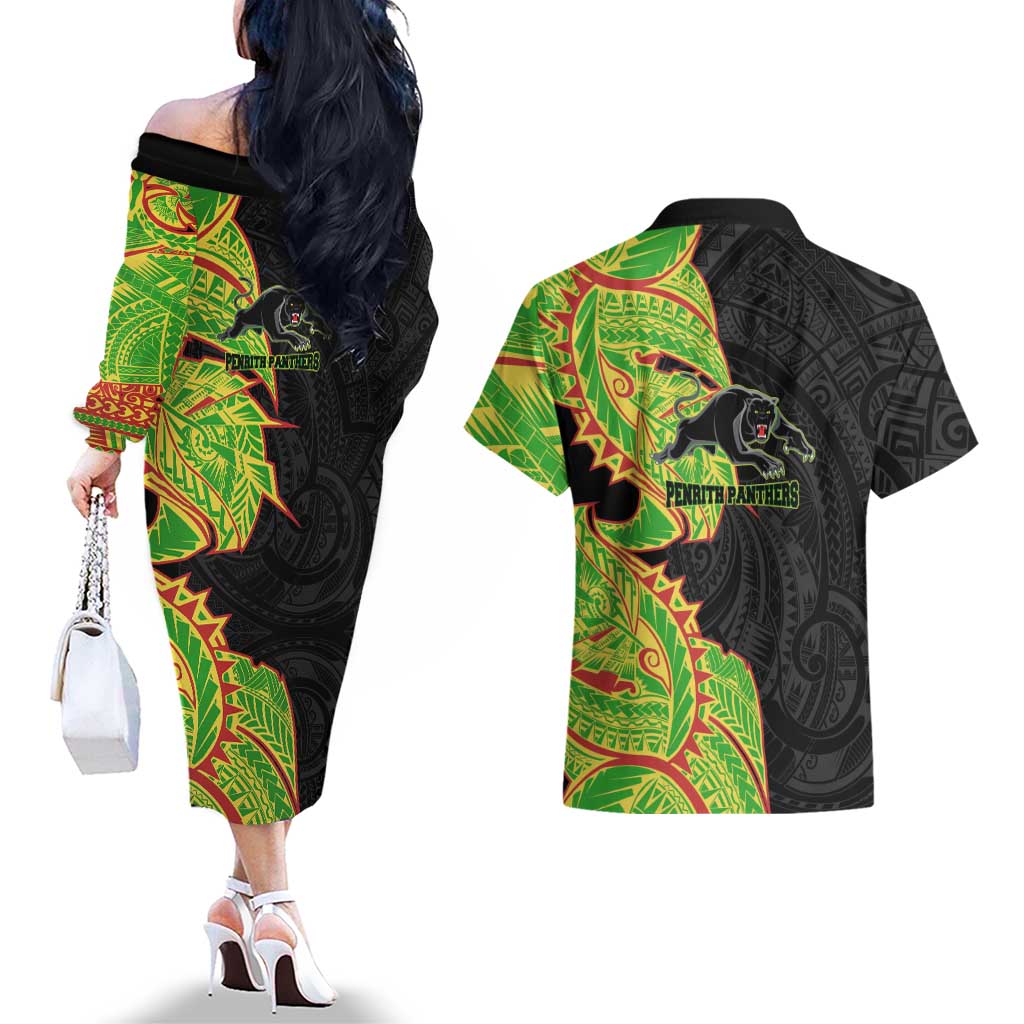 Penrith Panthers Couples Matching Off The Shoulder Long Sleeve Dress and Hawaiian Shirt Polynesian Tribal Tattoo Pacific Sport Art