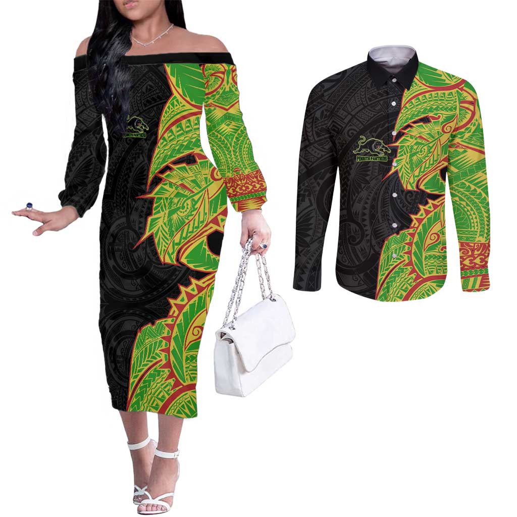 Penrith Panthers Couples Matching Off The Shoulder Long Sleeve Dress and Long Sleeve Button Shirt Polynesian Tribal Tattoo Pacific Sport Art