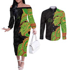 Penrith Panthers Couples Matching Off The Shoulder Long Sleeve Dress and Long Sleeve Button Shirt Polynesian Tribal Tattoo Pacific Sport Art