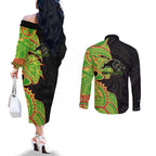Penrith Panthers Couples Matching Off The Shoulder Long Sleeve Dress and Long Sleeve Button Shirt Polynesian Tribal Tattoo Pacific Sport Art