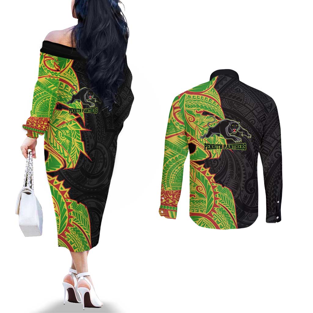 Penrith Panthers Couples Matching Off The Shoulder Long Sleeve Dress and Long Sleeve Button Shirt Polynesian Tribal Tattoo Pacific Sport Art