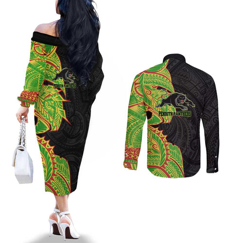 Penrith Panthers Couples Matching Off The Shoulder Long Sleeve Dress and Long Sleeve Button Shirt Polynesian Tribal Tattoo Pacific Sport Art