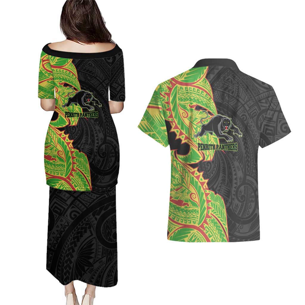 Penrith Panthers Couples Matching Puletasi and Hawaiian Shirt Polynesian Tribal Tattoo Pacific Sport Art