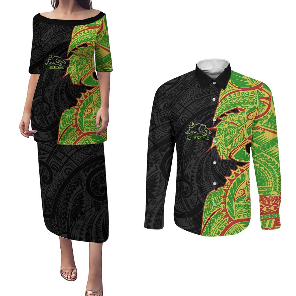 Penrith Panthers Couples Matching Puletasi and Long Sleeve Button Shirt Polynesian Tribal Tattoo Pacific Sport Art
