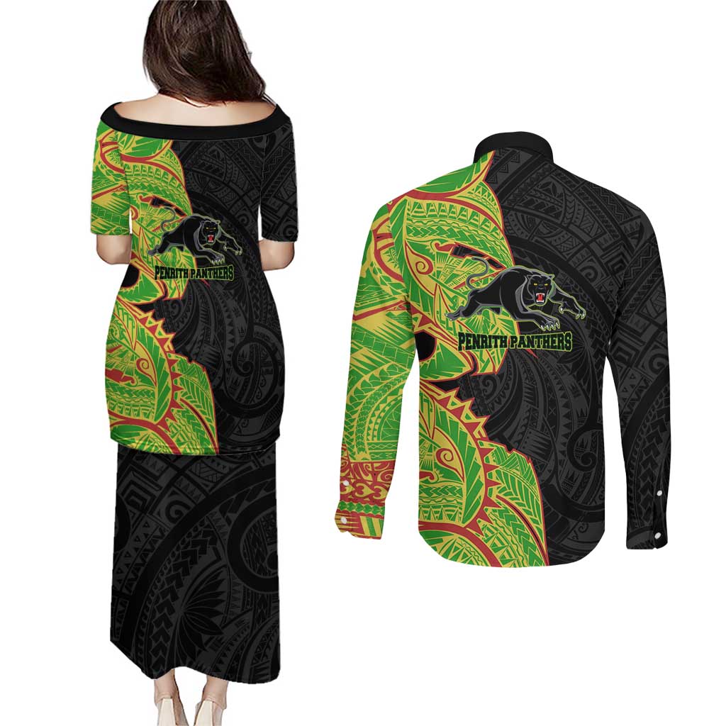 Penrith Panthers Couples Matching Puletasi and Long Sleeve Button Shirt Polynesian Tribal Tattoo Pacific Sport Art
