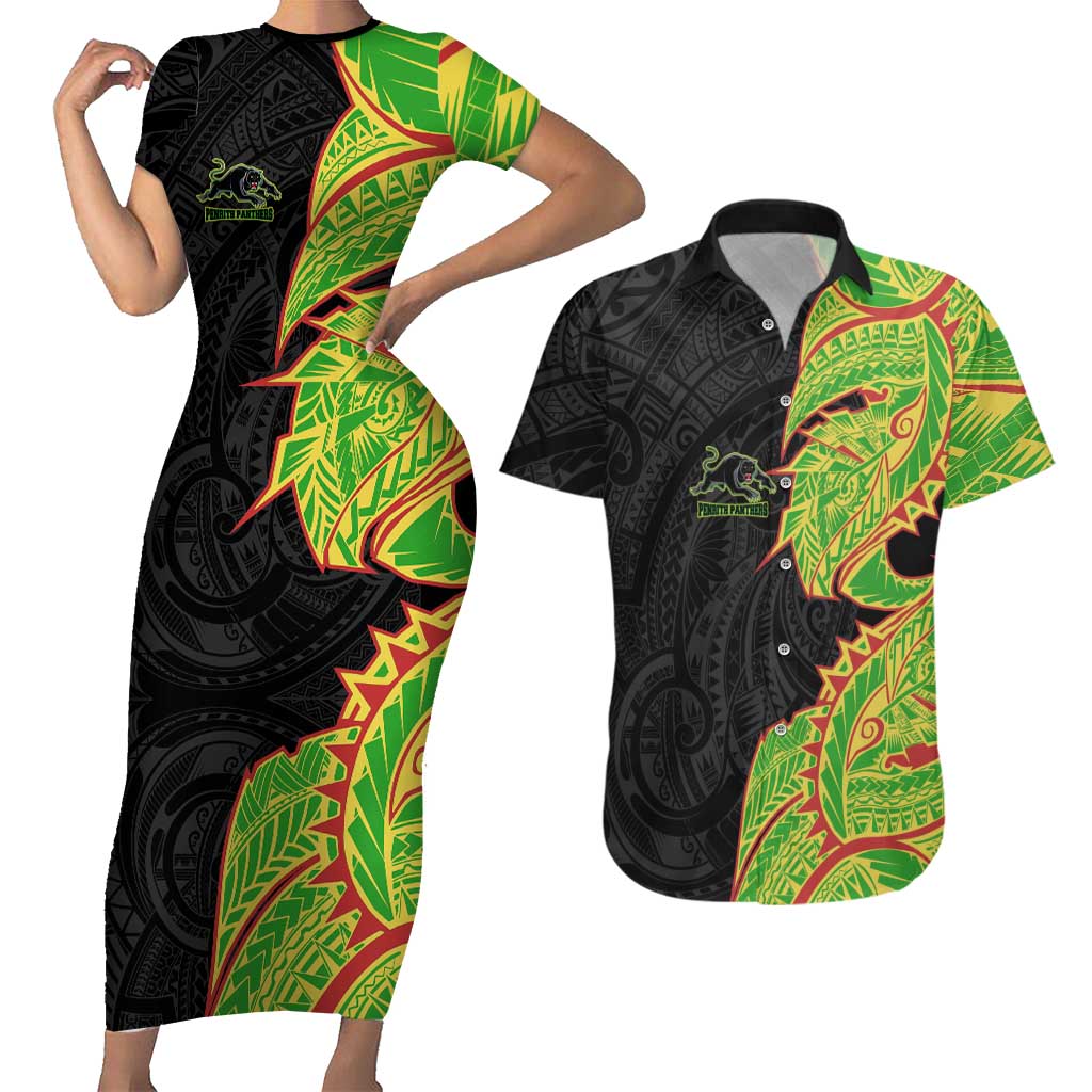 Penrith Panthers Couples Matching Short Sleeve Bodycon Dress and Hawaiian Shirt Polynesian Tribal Tattoo Pacific Sport Art