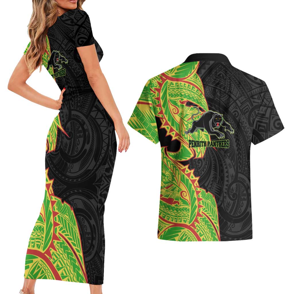 Penrith Panthers Couples Matching Short Sleeve Bodycon Dress and Hawaiian Shirt Polynesian Tribal Tattoo Pacific Sport Art