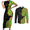 Penrith Panthers Couples Matching Short Sleeve Bodycon Dress and Long Sleeve Button Shirt Polynesian Tribal Tattoo Pacific Sport Art