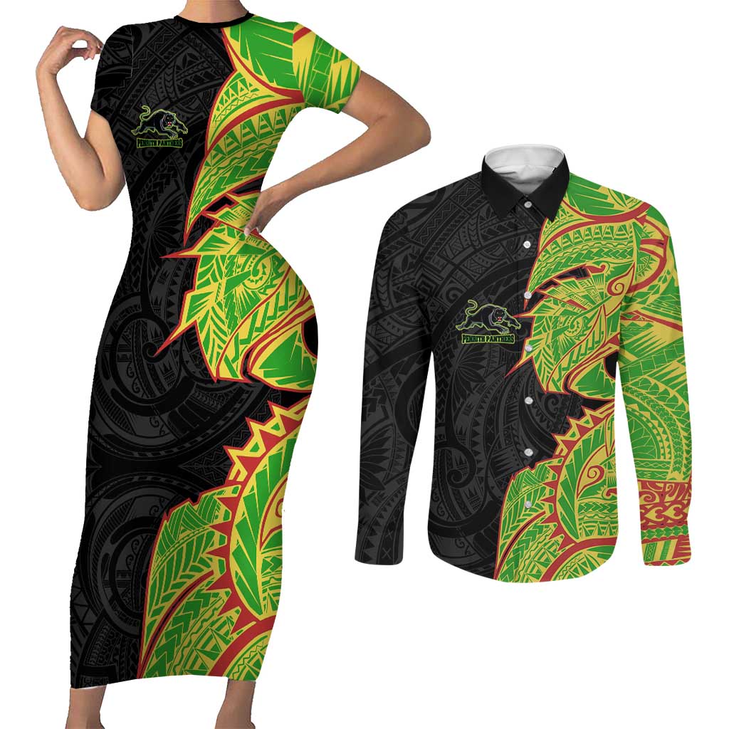 Penrith Panthers Couples Matching Short Sleeve Bodycon Dress and Long Sleeve Button Shirt Polynesian Tribal Tattoo Pacific Sport Art