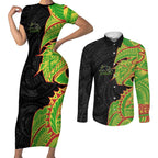 Penrith Panthers Couples Matching Short Sleeve Bodycon Dress and Long Sleeve Button Shirt Polynesian Tribal Tattoo Pacific Sport Art