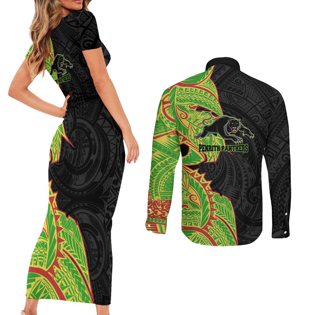 Penrith Panthers Couples Matching Short Sleeve Bodycon Dress and Long Sleeve Button Shirt Polynesian Tribal Tattoo Pacific Sport Art