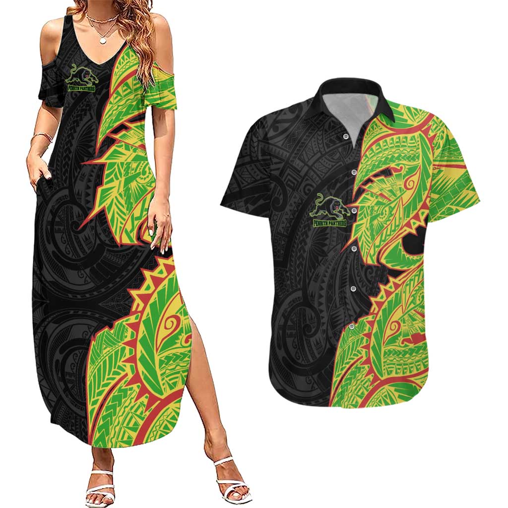 Penrith Panthers Couples Matching Summer Maxi Dress and Hawaiian Shirt Polynesian Tribal Tattoo Pacific Sport Art