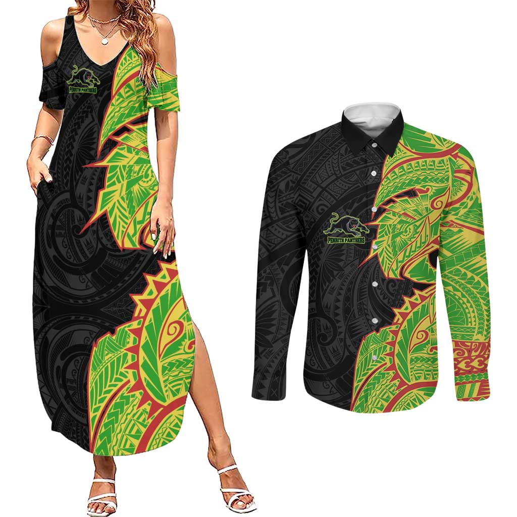 Penrith Panthers Couples Matching Summer Maxi Dress and Long Sleeve Button Shirt Polynesian Tribal Tattoo Pacific Sport Art
