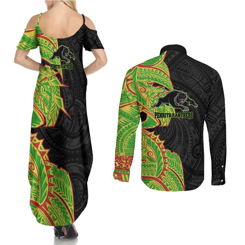 Penrith Panthers Couples Matching Summer Maxi Dress and Long Sleeve Button Shirt Polynesian Tribal Tattoo Pacific Sport Art