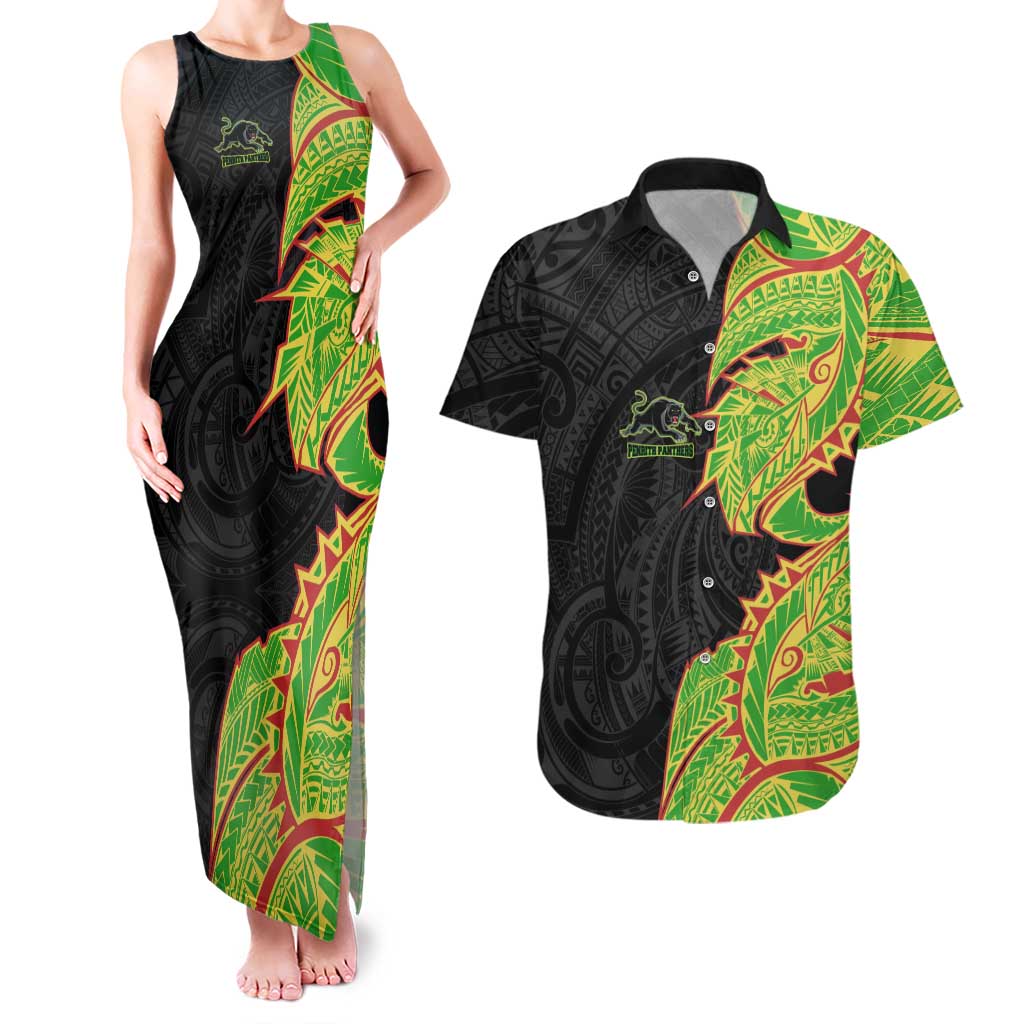 Penrith Panthers Couples Matching Tank Maxi Dress and Hawaiian Shirt Polynesian Tribal Tattoo Pacific Sport Art