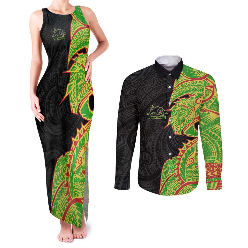 Penrith Panthers Couples Matching Tank Maxi Dress and Long Sleeve Button Shirt Polynesian Tribal Tattoo Pacific Sport Art