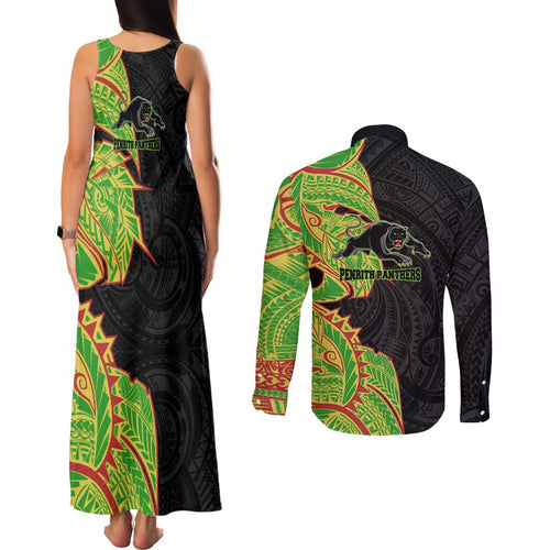 Penrith Panthers Couples Matching Tank Maxi Dress and Long Sleeve Button Shirt Polynesian Tribal Tattoo Pacific Sport Art
