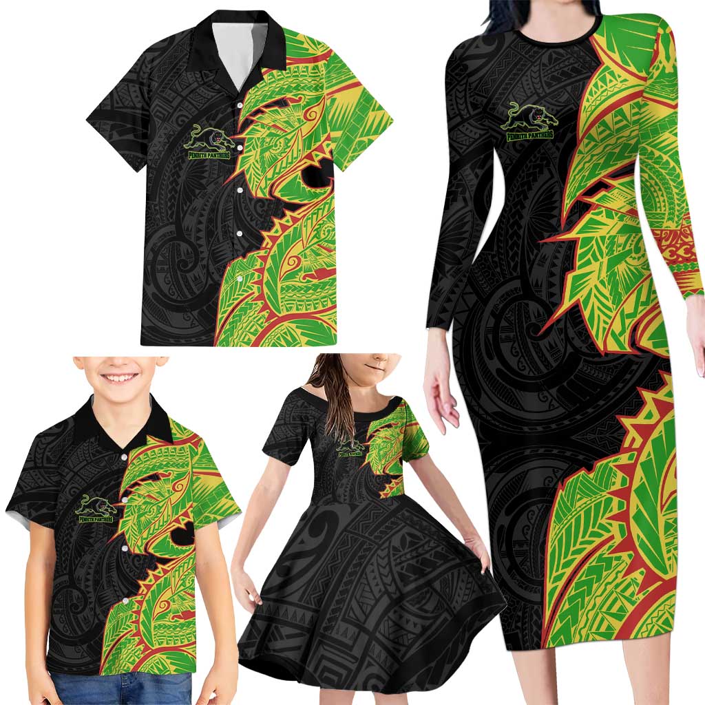 Penrith Panthers Family Matching Long Sleeve Bodycon Dress and Hawaiian Shirt Polynesian Tribal Tattoo Pacific Sport Art