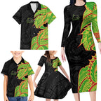 Penrith Panthers Family Matching Long Sleeve Bodycon Dress and Hawaiian Shirt Polynesian Tribal Tattoo Pacific Sport Art