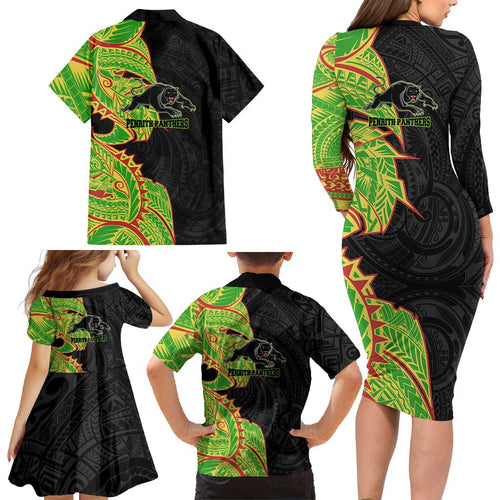 Penrith Panthers Family Matching Long Sleeve Bodycon Dress and Hawaiian Shirt Polynesian Tribal Tattoo Pacific Sport Art