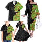 Penrith Panthers Family Matching Off The Shoulder Long Sleeve Dress and Hawaiian Shirt Polynesian Tribal Tattoo Pacific Sport Art