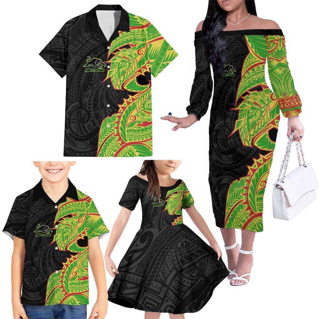 Penrith Panthers Family Matching Off The Shoulder Long Sleeve Dress and Hawaiian Shirt Polynesian Tribal Tattoo Pacific Sport Art