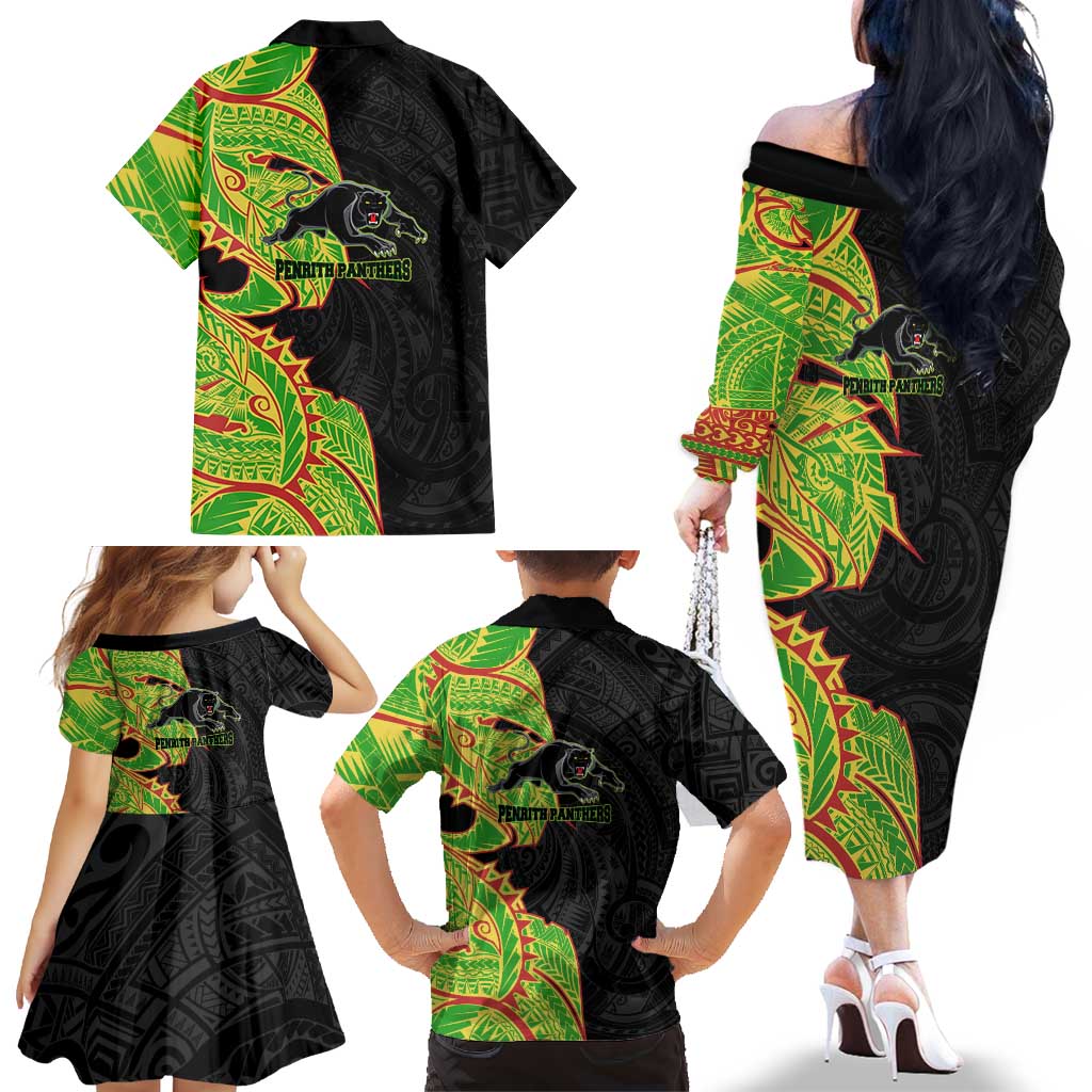 Penrith Panthers Family Matching Off The Shoulder Long Sleeve Dress and Hawaiian Shirt Polynesian Tribal Tattoo Pacific Sport Art