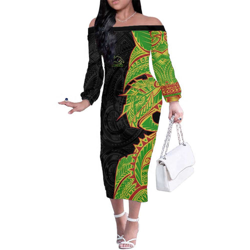 Penrith Panthers Family Matching Off The Shoulder Long Sleeve Dress and Hawaiian Shirt Polynesian Tribal Tattoo Pacific Sport Art