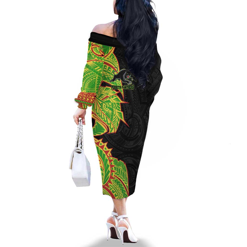 Penrith Panthers Family Matching Off The Shoulder Long Sleeve Dress and Hawaiian Shirt Polynesian Tribal Tattoo Pacific Sport Art